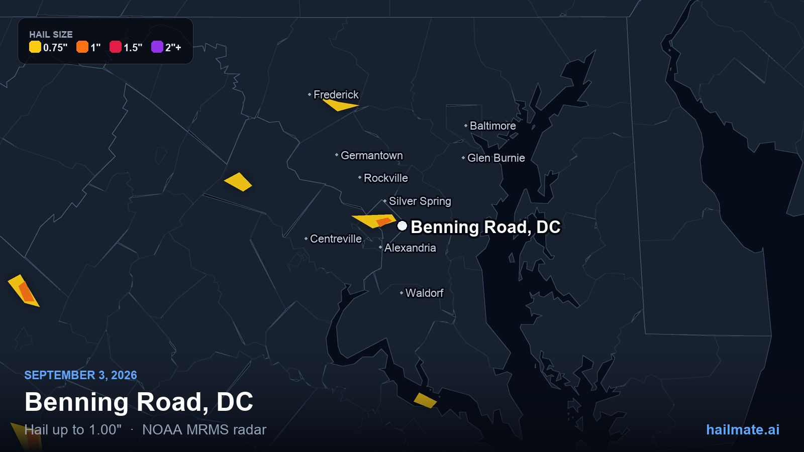 Hail swath map for Benning Road, DC on September 3, 2026 showing 1.00 inch hail.