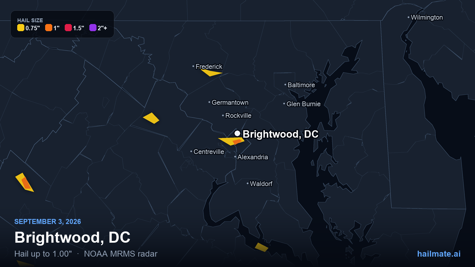 Hail swath map for Brightwood, DC on September 3, 2026 showing 1.00 inch hail.