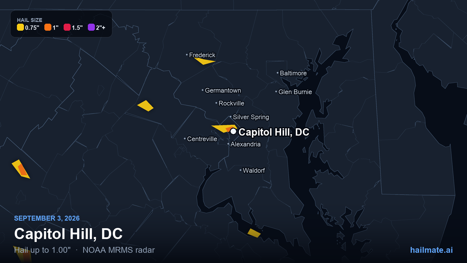 Hail swath map for Capitol Hill, DC on September 3, 2026 showing 1.00 inch hail.
