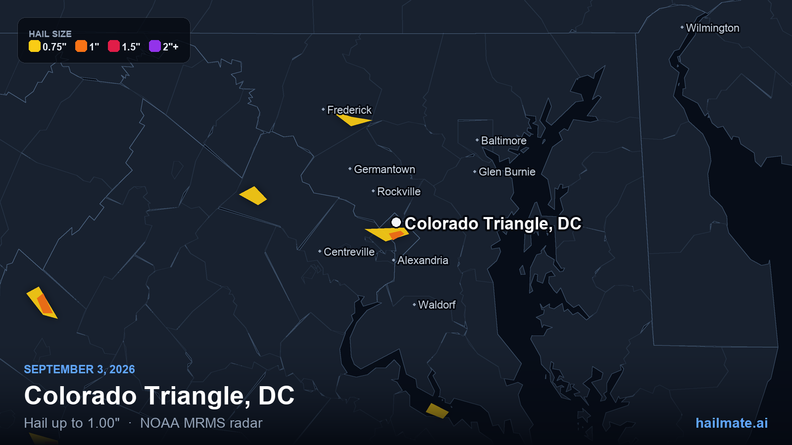Hail swath map for Colorado Triangle, DC on September 3, 2026 showing 1.00 inch hail.