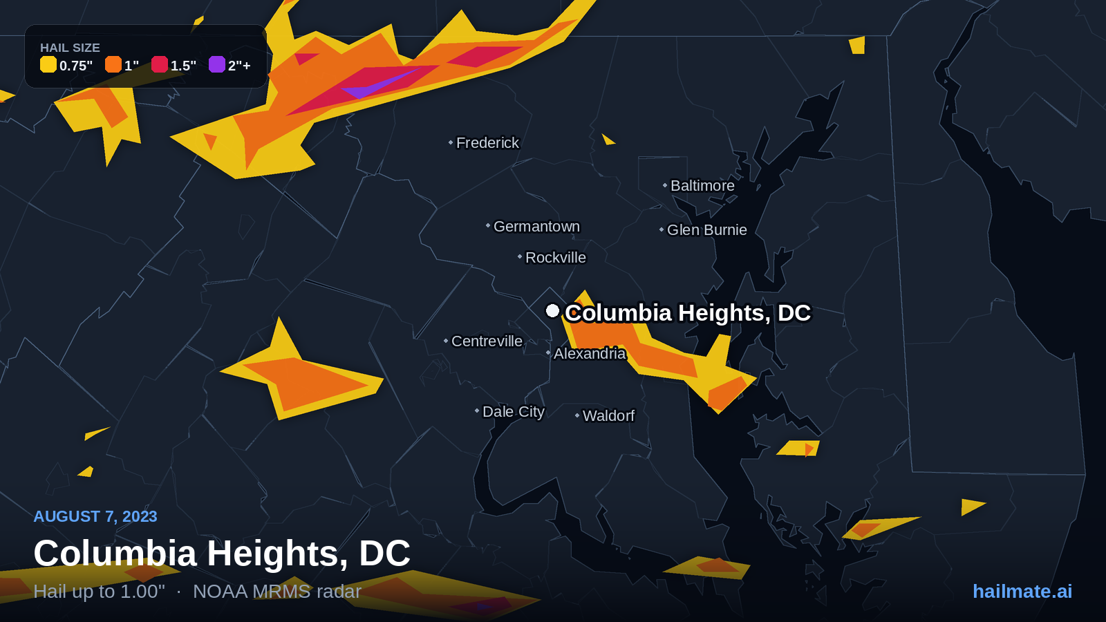 Hail swath map for Columbia Heights, DC on August 7, 2023 showing 1.00 inch hail.