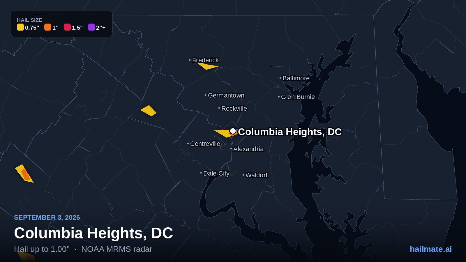 Hail swath map for Columbia Heights, DC on September 3, 2026 showing 1.00 inch hail.