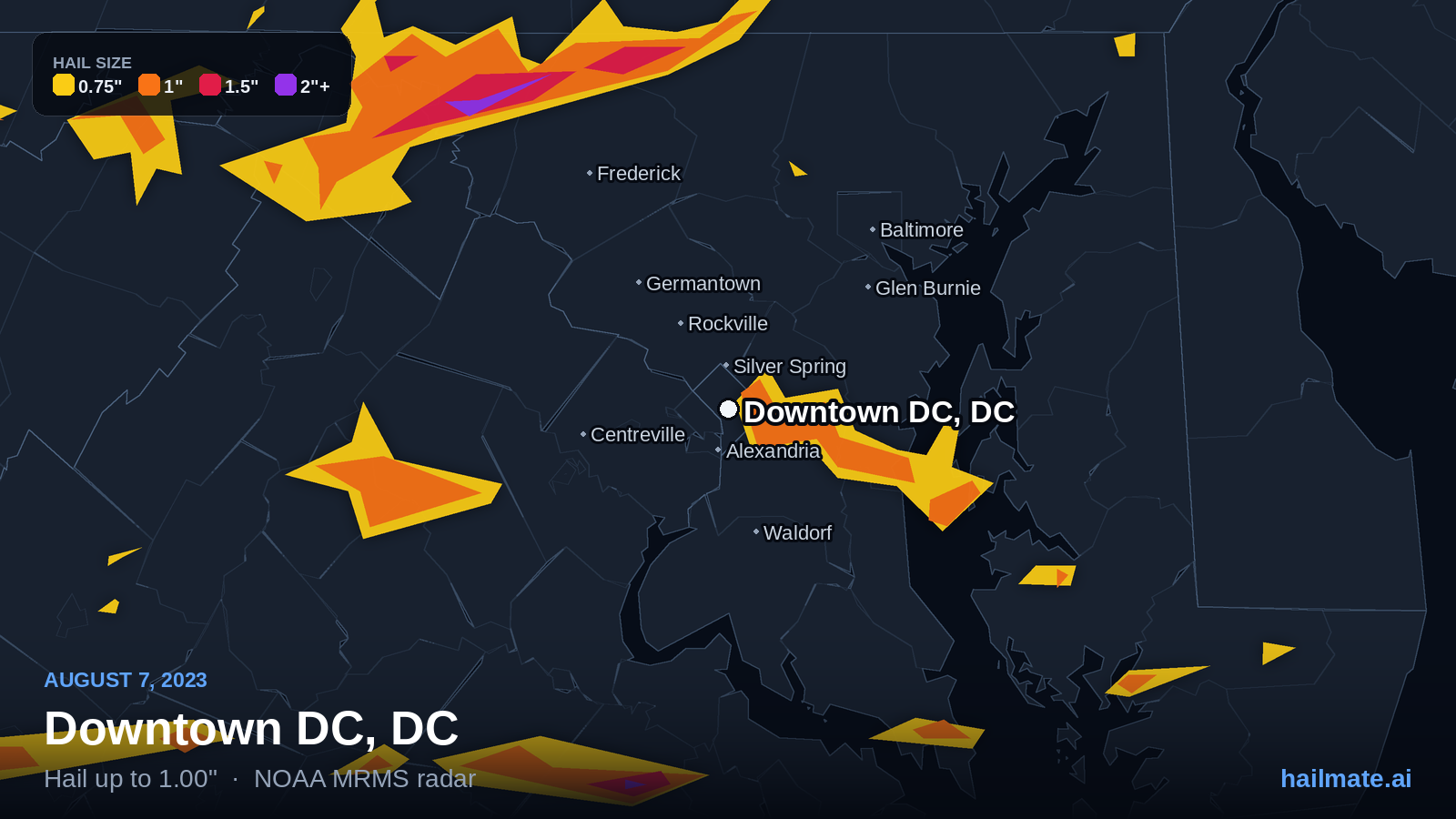 Hail swath map for Downtown DC, DC on August 7, 2023 showing 1.00 inch hail.