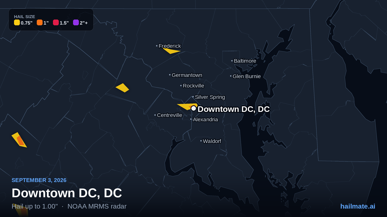 Hail swath map for Downtown DC, DC on September 3, 2026 showing 1.00 inch hail.
