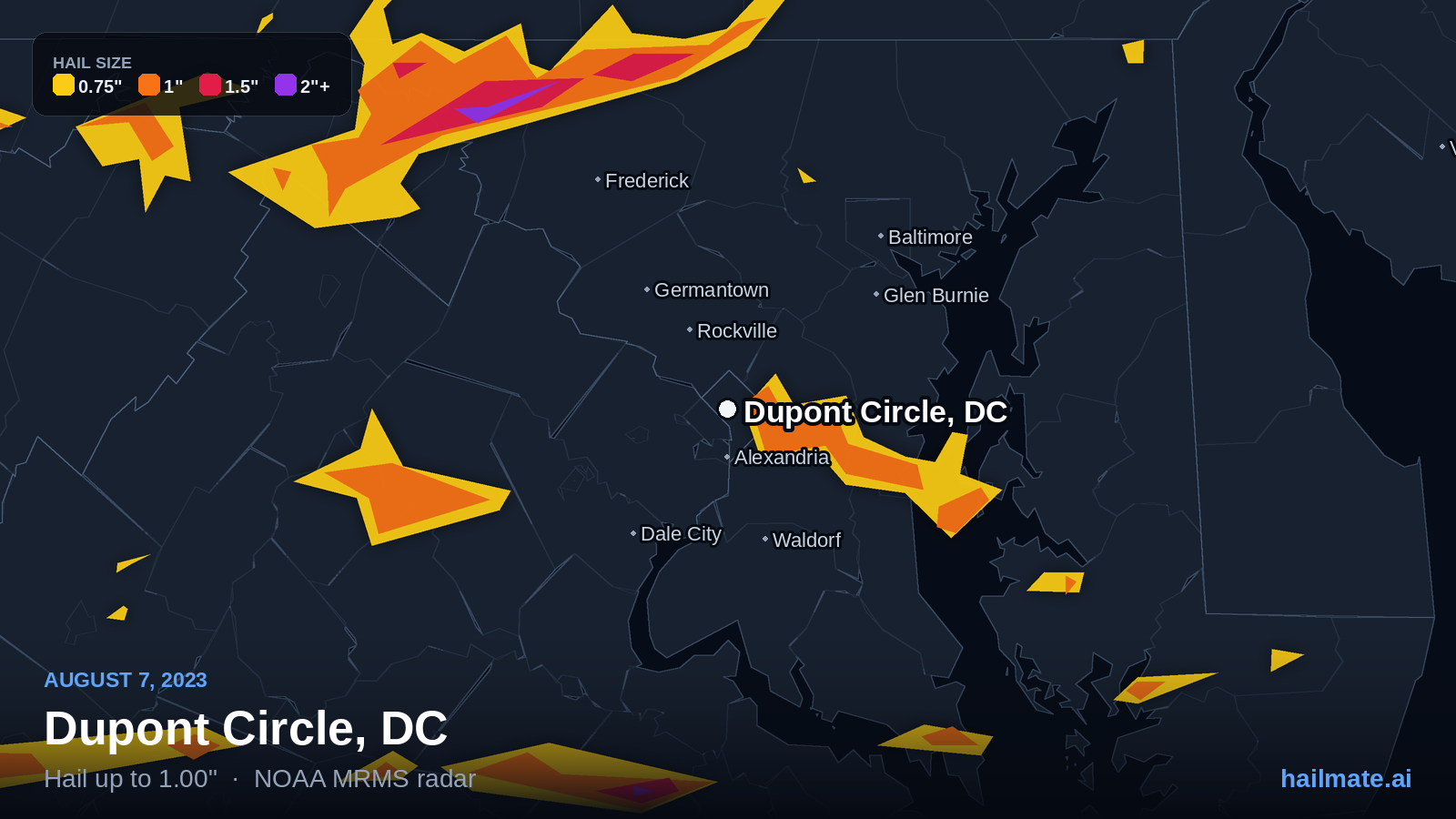 Hail swath map for Dupont Circle, DC on August 7, 2023 showing 1.00 inch hail.