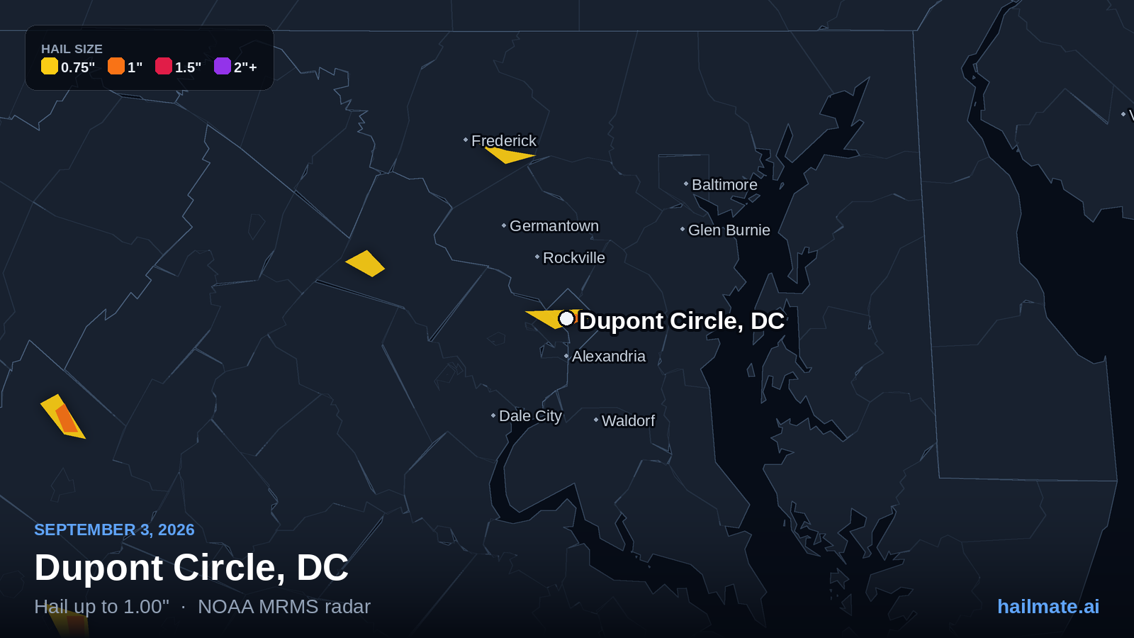 Hail swath map for Dupont Circle, DC on September 3, 2026 showing 1.00 inch hail.