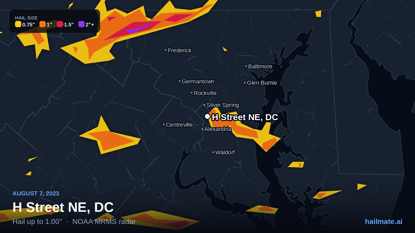 Hail swath map for H Street NE, DC on August 7, 2023 showing 1.00 inch hail.