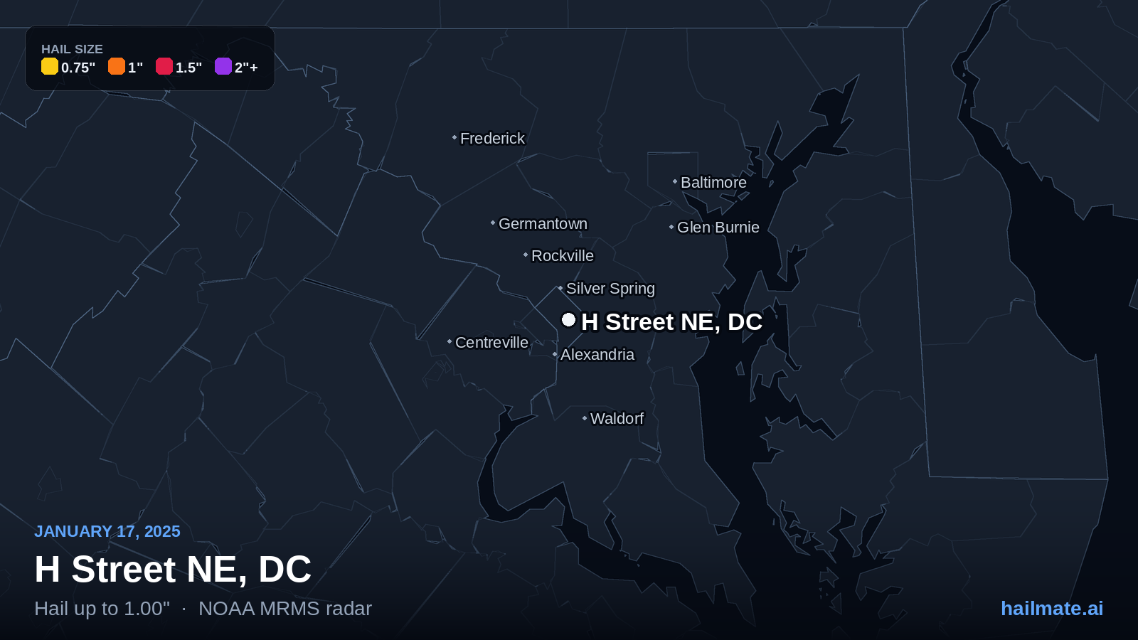 Hail swath map for H Street NE, DC on January 17, 2025 showing 1.00 inch hail.