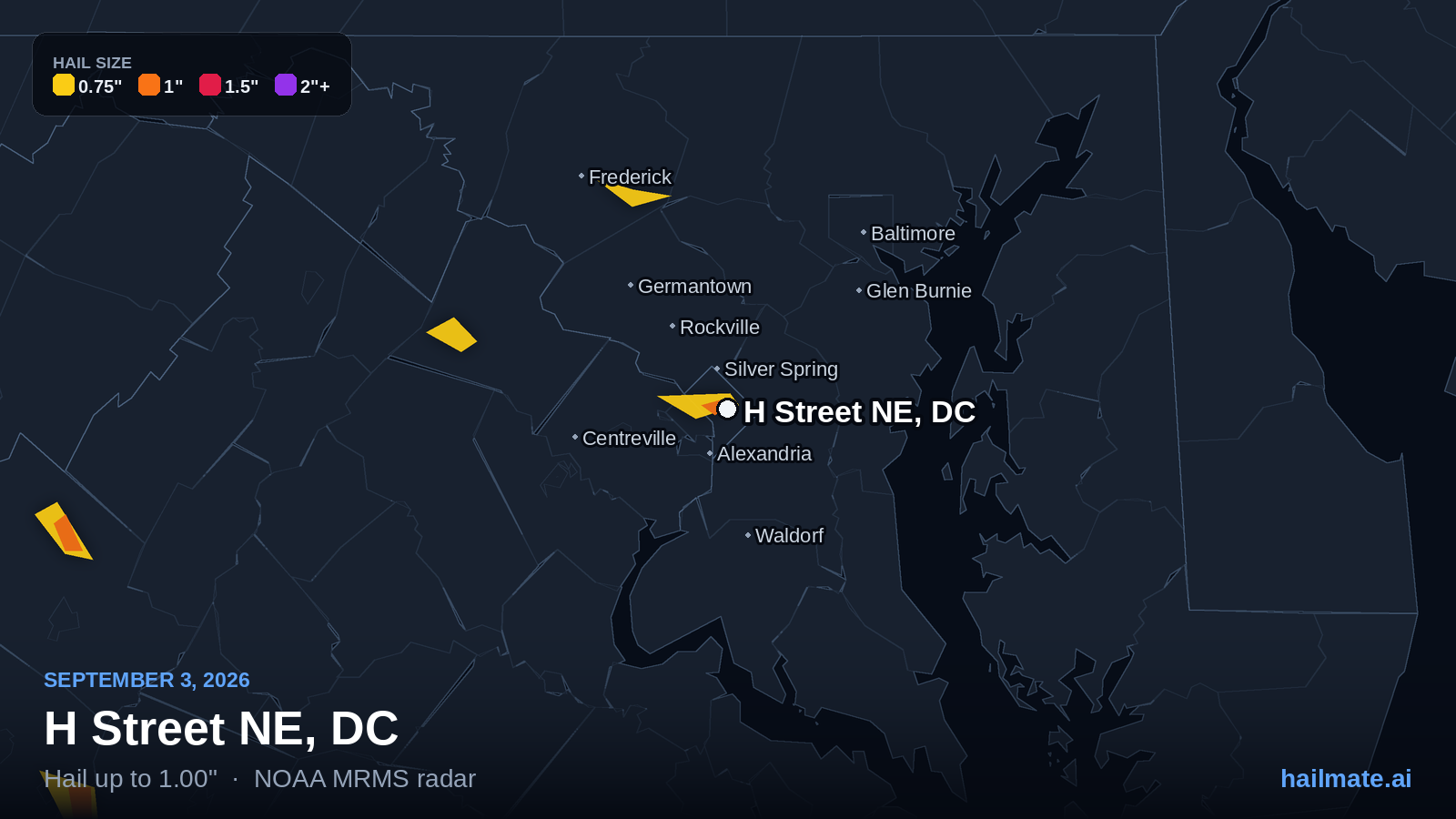 Hail swath map for H Street NE, DC on September 3, 2026 showing 1.00 inch hail.