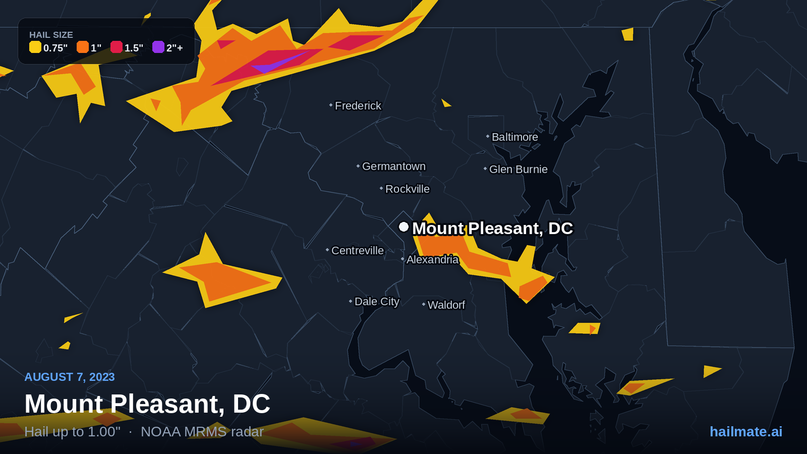 Hail swath map for Mount Pleasant, DC on August 7, 2023 showing 1.00 inch hail.
