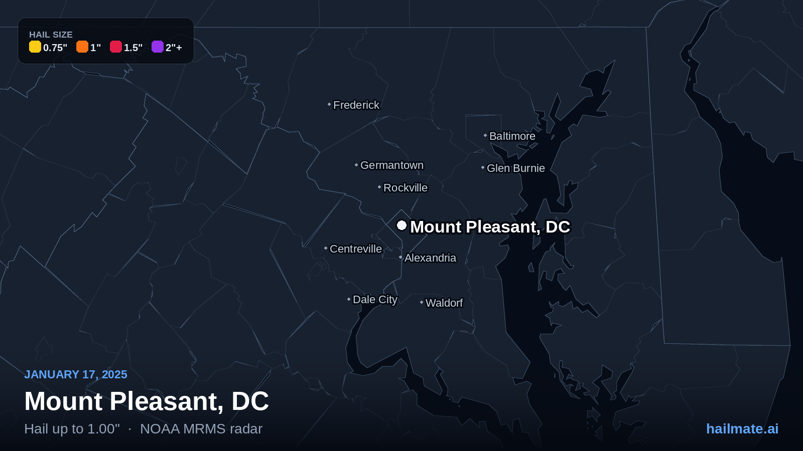 Hail swath map for Mount Pleasant, DC on January 17, 2025 showing 1.00 inch hail.