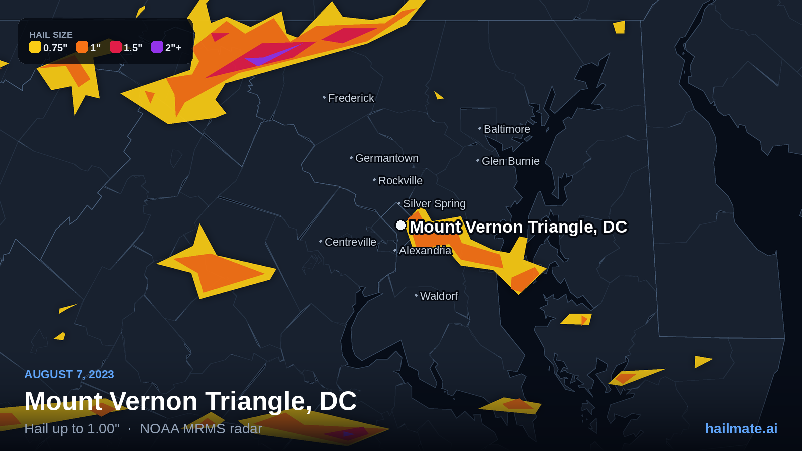 Hail swath map for Mount Vernon Triangle, DC on August 7, 2023 showing 1.00 inch hail.