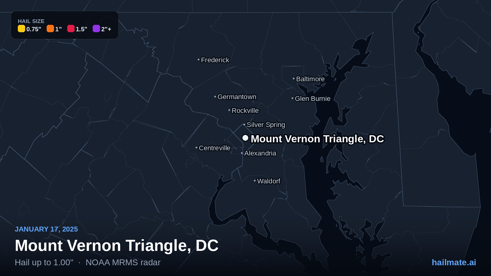Hail swath map for Mount Vernon Triangle, DC on January 17, 2025 showing 1.00 inch hail.