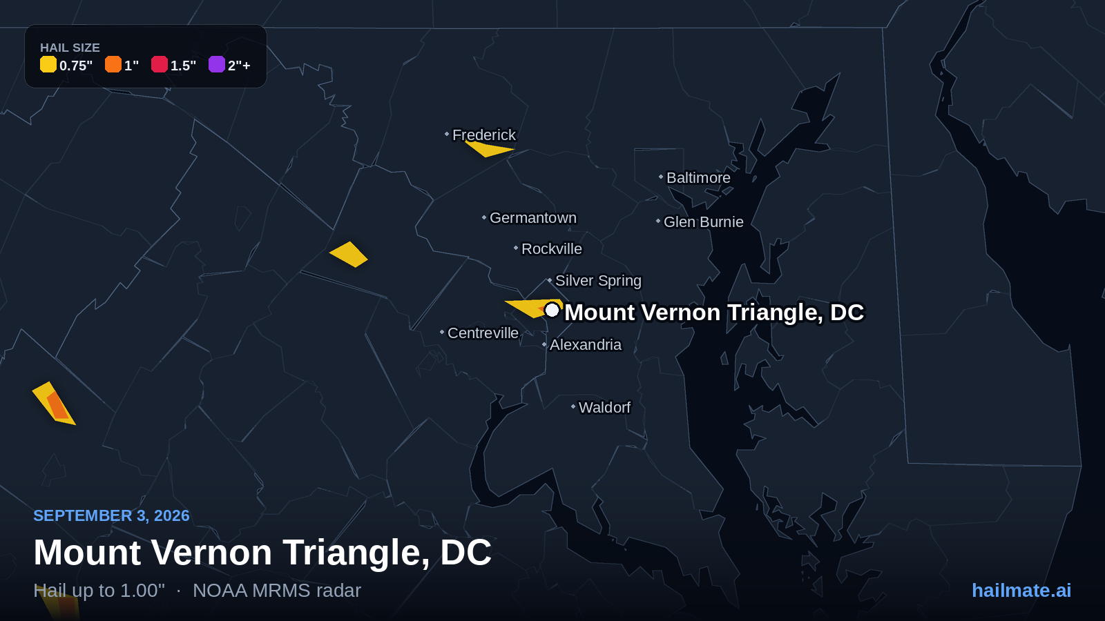 Hail swath map for Mount Vernon Triangle, DC on September 3, 2026 showing 1.00 inch hail.