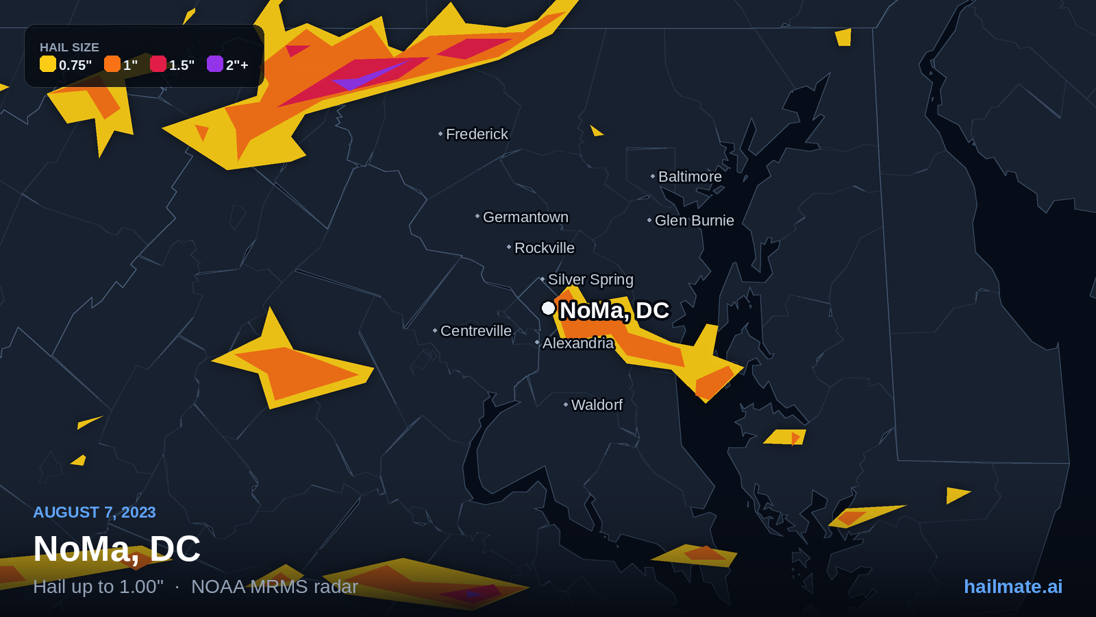 Hail swath map for NoMa, DC on August 7, 2023 showing 1.00 inch hail.