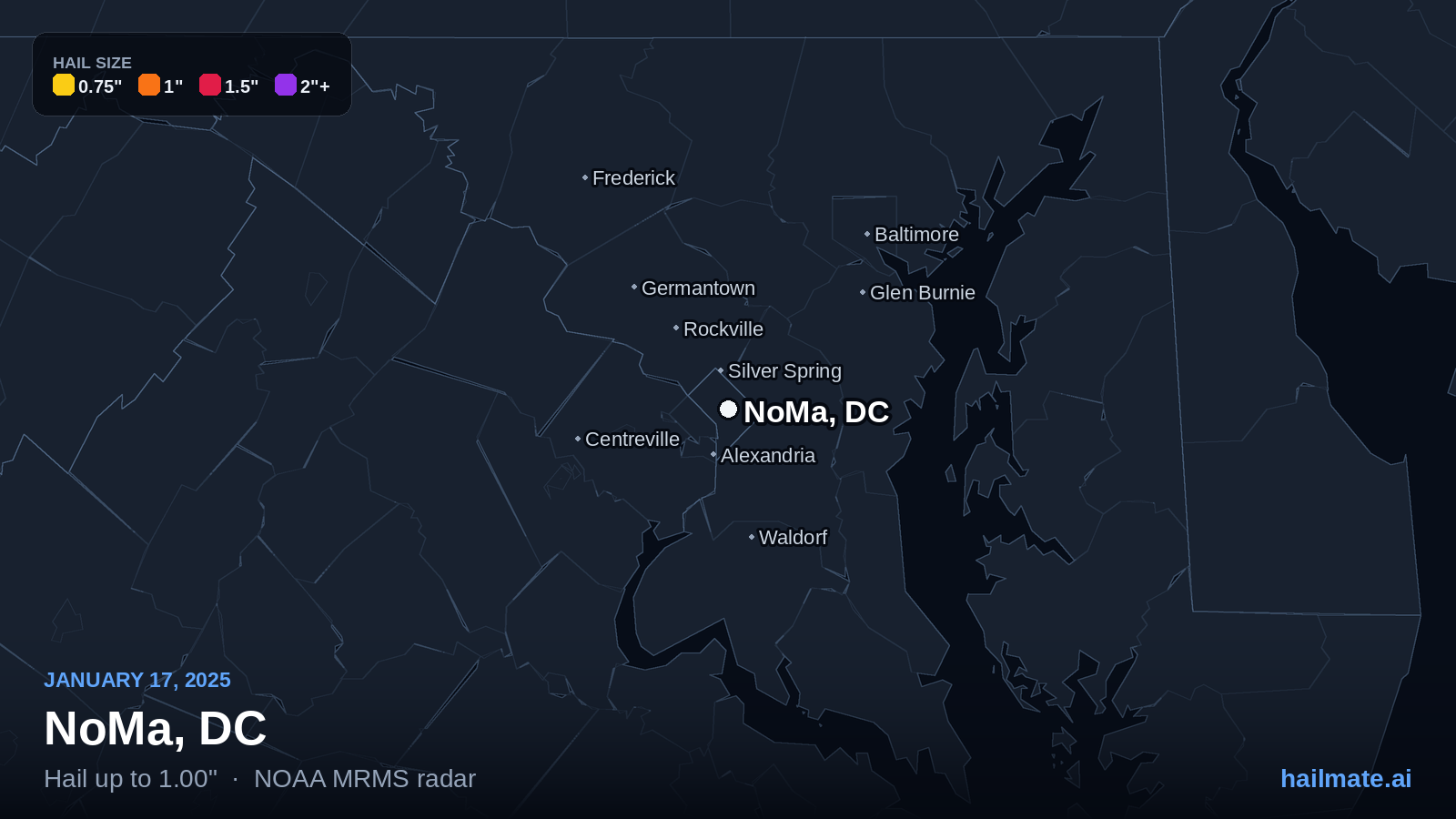 Hail swath map for NoMa, DC on January 17, 2025 showing 1.00 inch hail.