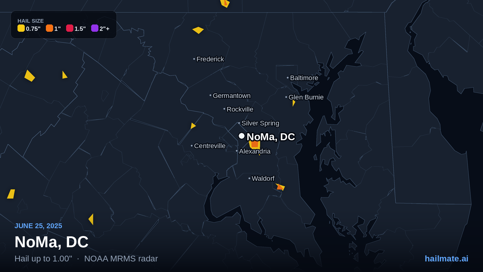 Hail swath map for NoMa, DC on June 25, 2025 showing 1.00 inch hail.