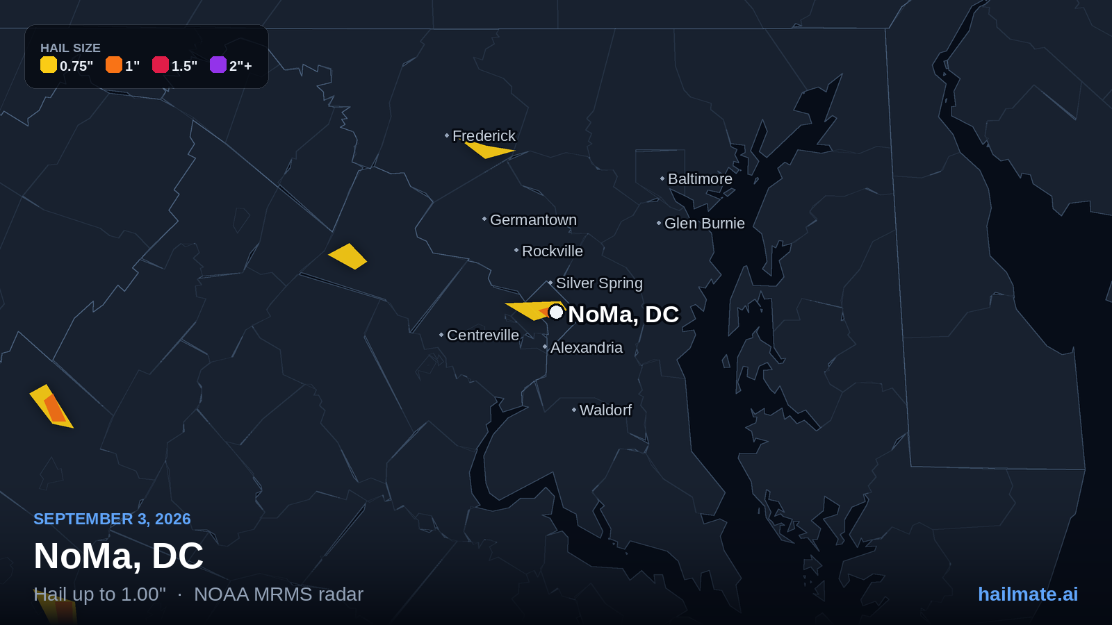 Hail swath map for NoMa, DC on September 3, 2026 showing 1.00 inch hail.