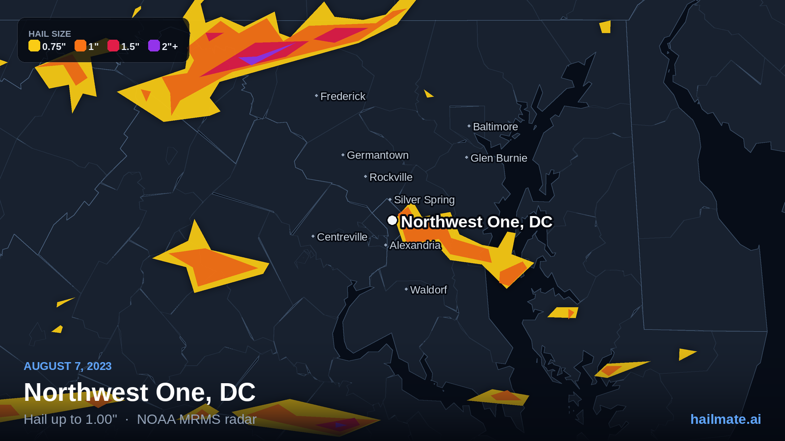 Hail swath map for Northwest One, DC on August 7, 2023 showing 1.00 inch hail.
