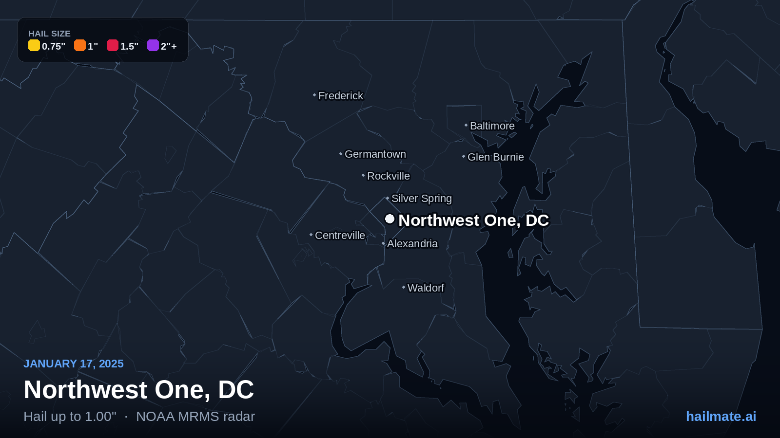 Hail swath map for Northwest One, DC on January 17, 2025 showing 1.00 inch hail.