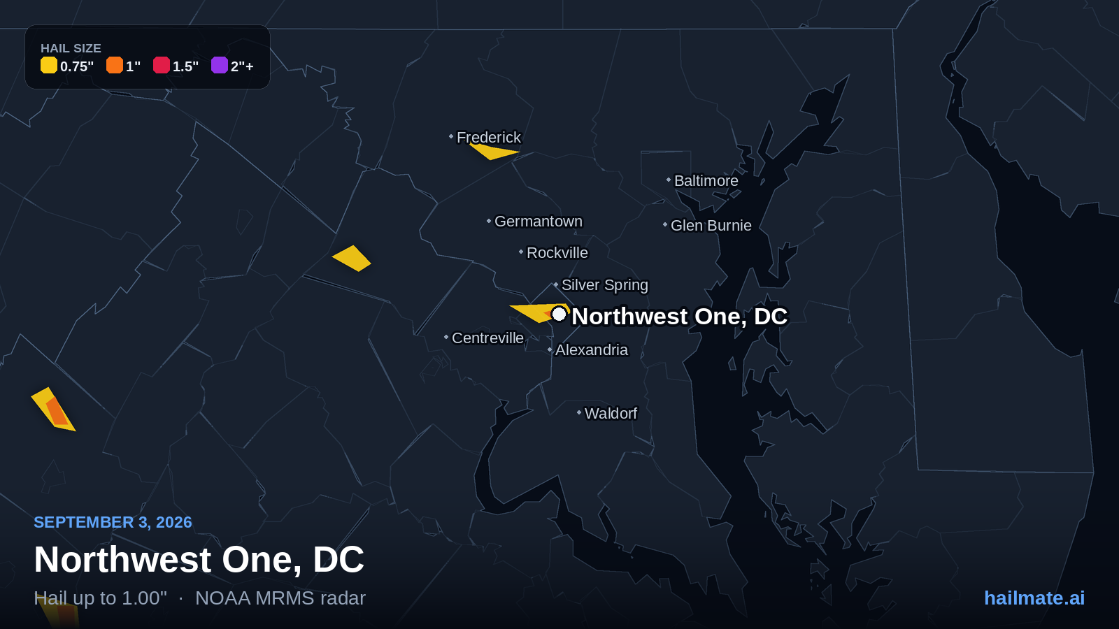 Hail swath map for Northwest One, DC on September 3, 2026 showing 1.00 inch hail.