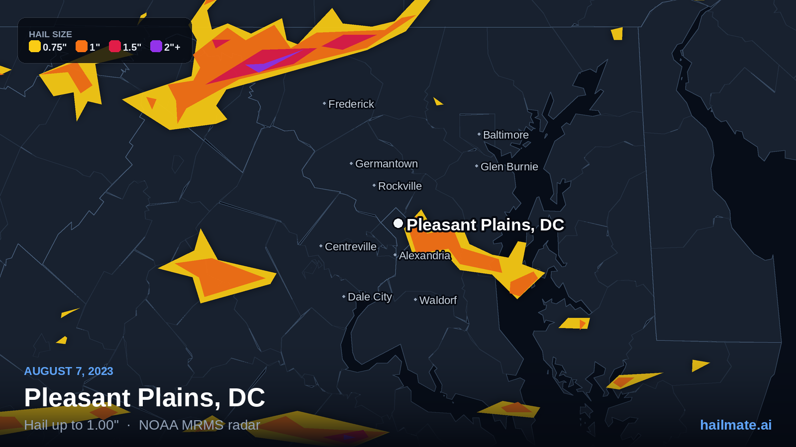 Hail swath map for Pleasant Plains, DC on August 7, 2023 showing 1.00 inch hail.
