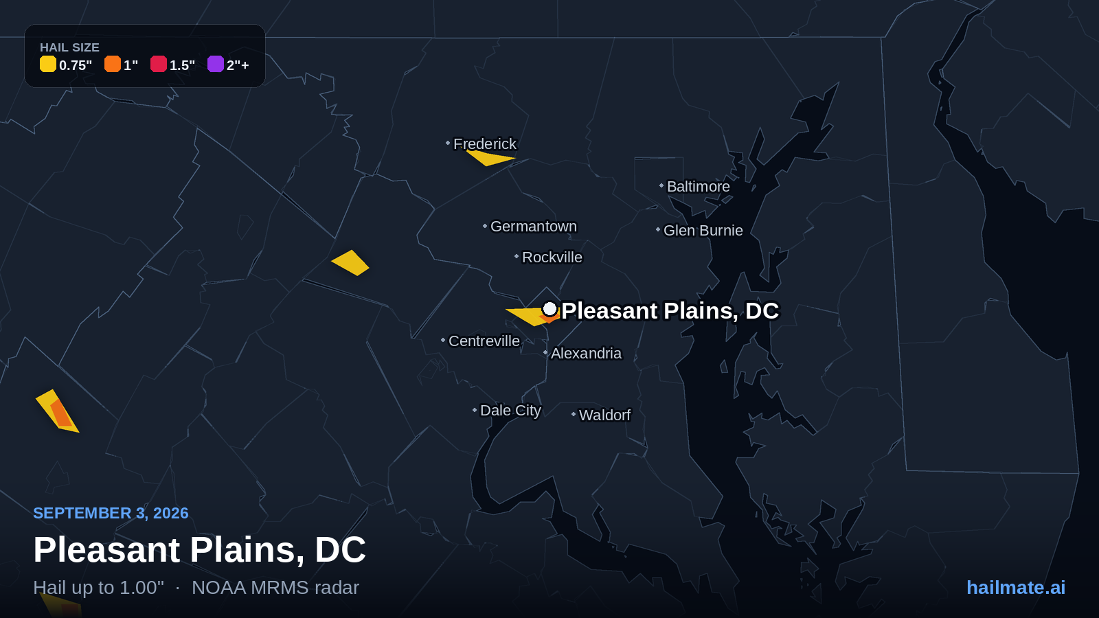 Hail swath map for Pleasant Plains, DC on September 3, 2026 showing 1.00 inch hail.