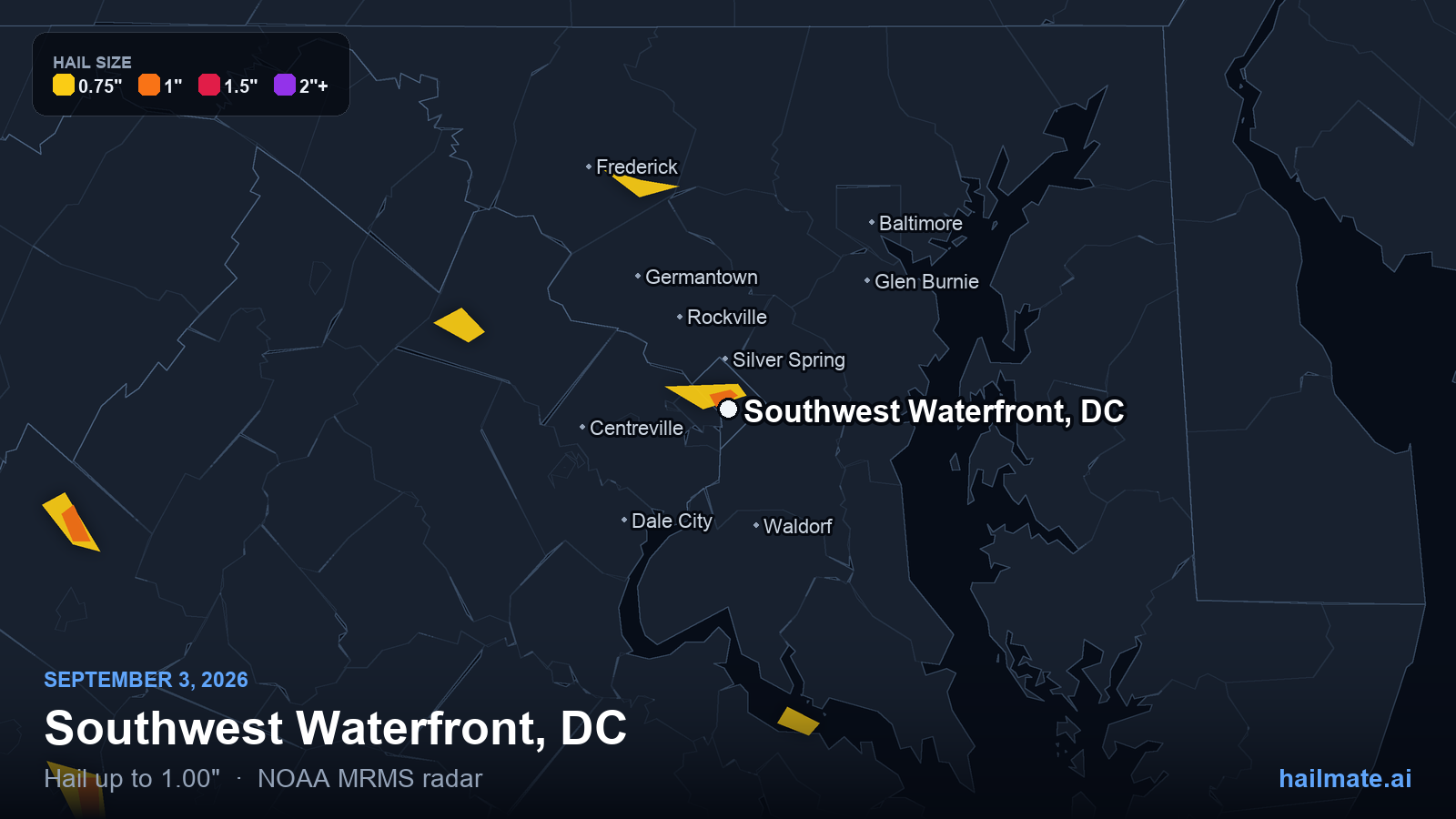 Hail swath map for Southwest Waterfront, DC on September 3, 2026 showing 1.00 inch hail.