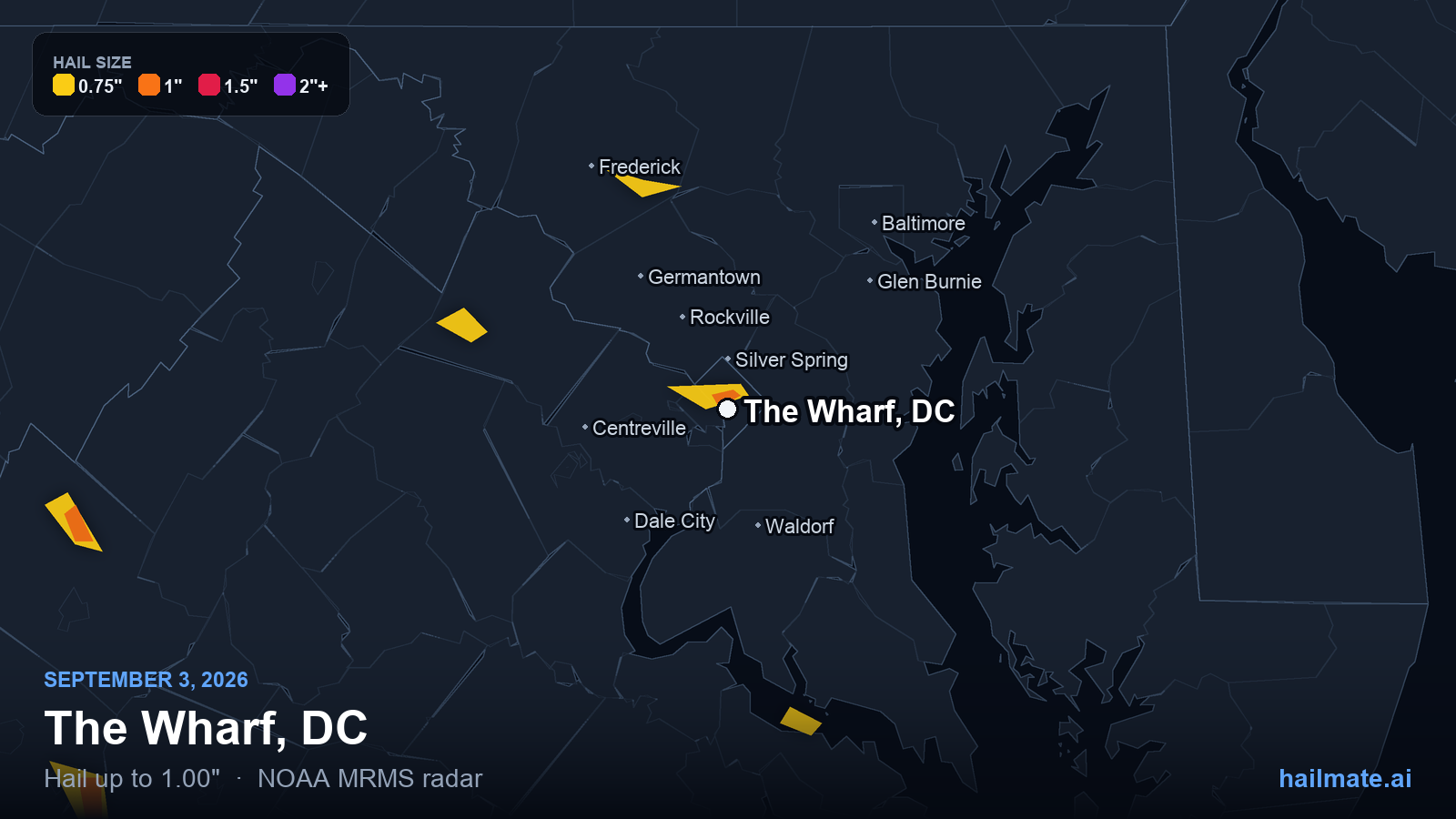 Hail swath map for The Wharf, DC on September 3, 2026 showing 1.00 inch hail.