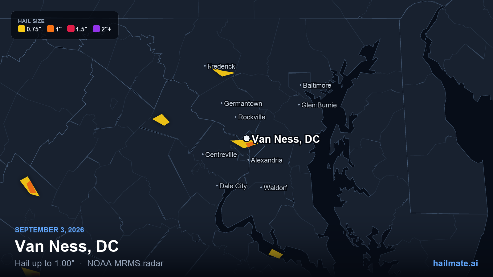 Hail swath map for Van Ness, DC on September 3, 2026 showing 1.00 inch hail.