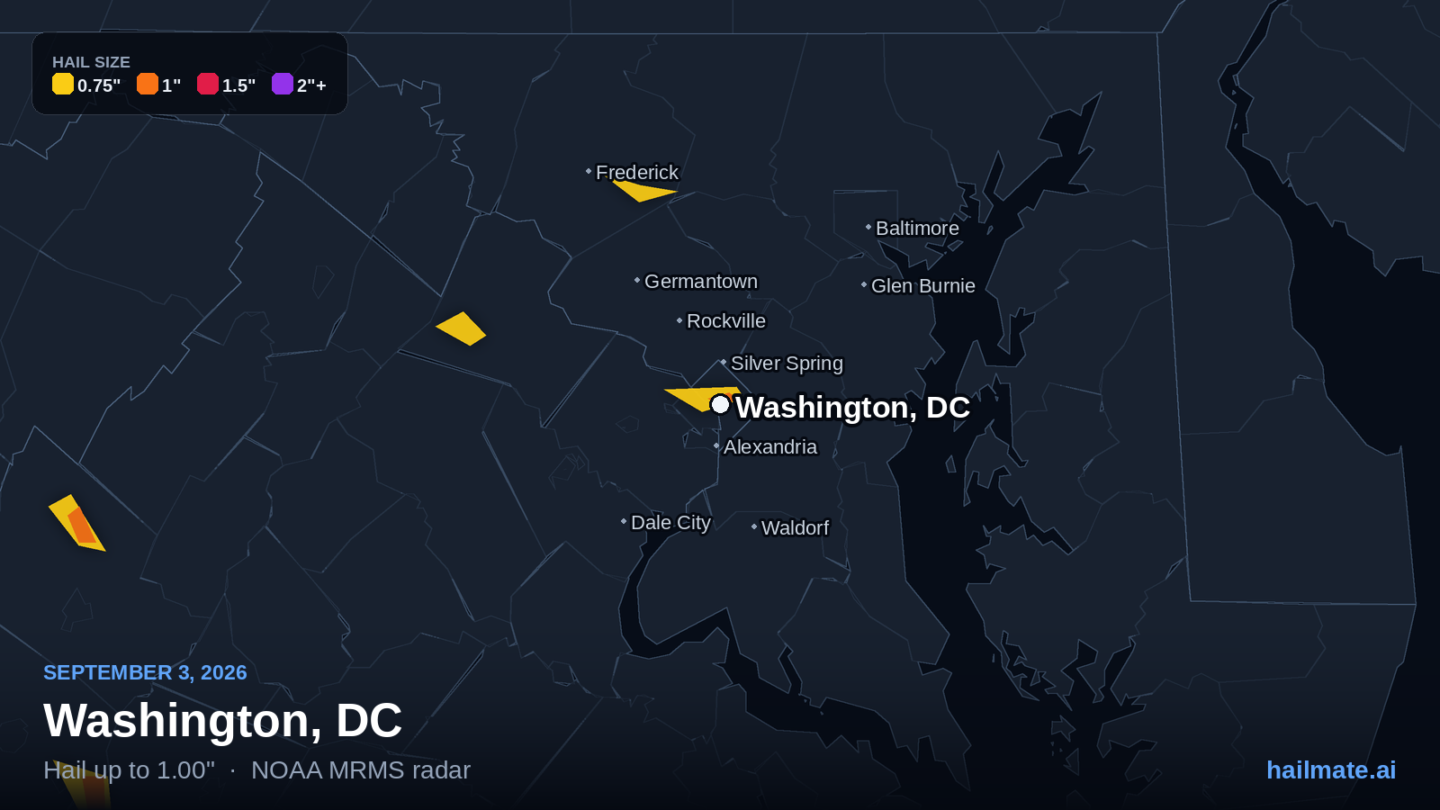Hail swath map for Washington, DC on September 3, 2026 showing 1.00 inch hail.