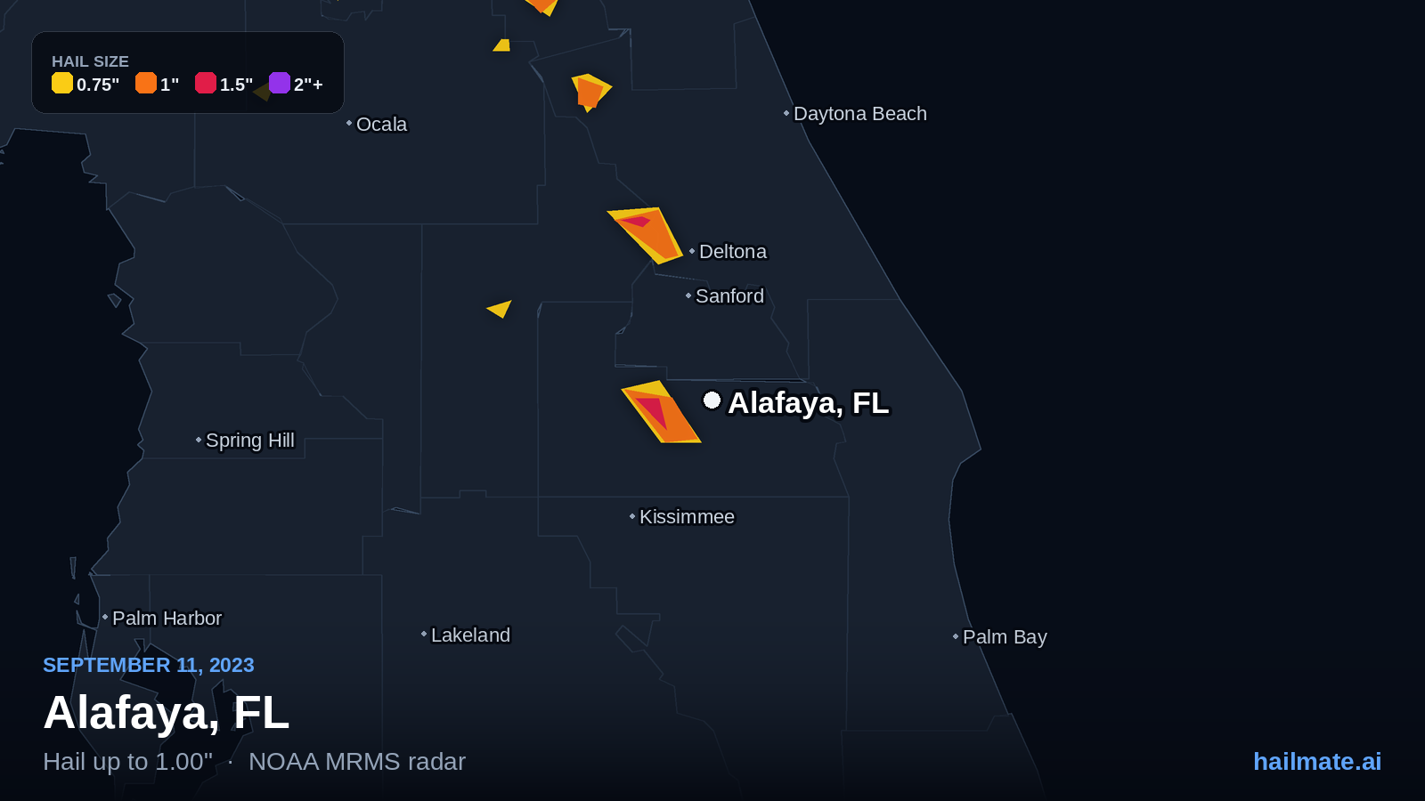 Hail swath map for Alafaya, FL on September 11, 2023 showing 1.00 inch hail.