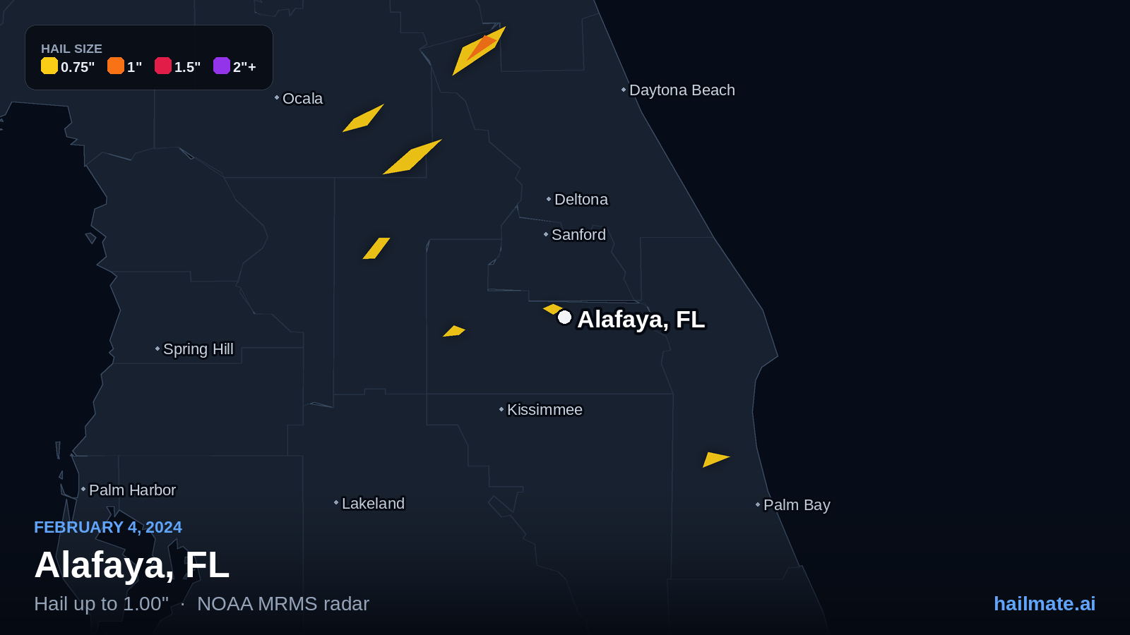 Hail swath map for Alafaya, FL on February 4, 2024 showing 1.00 inch hail.
