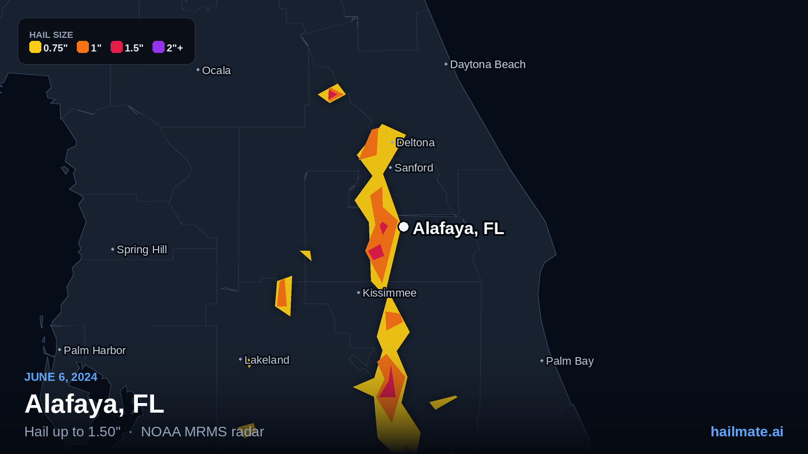 Hail swath map for Alafaya, FL on June 6, 2024 showing 1.50 inch hail.