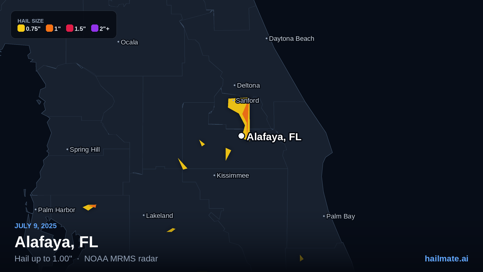 Hail swath map for Alafaya, FL on July 9, 2025 showing 1.00 inch hail.