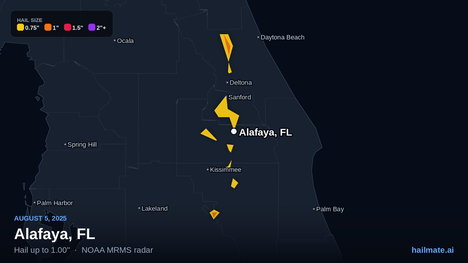 Hail swath map for Alafaya, FL on August 5, 2025 showing 1.00 inch hail.