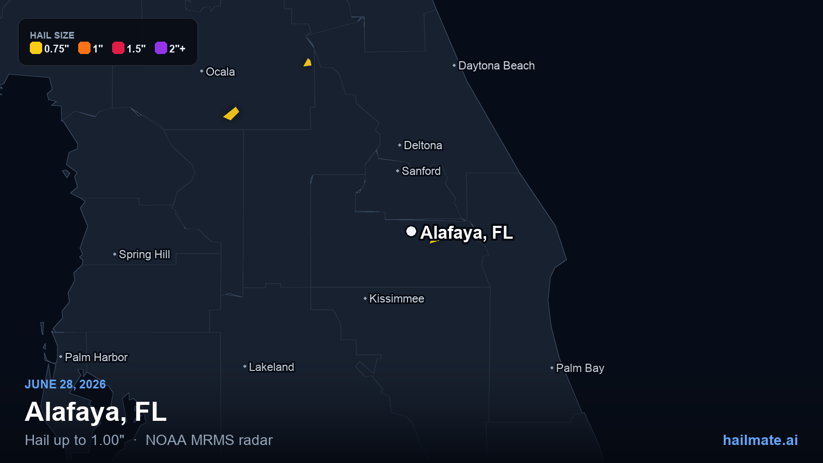 Hail swath map for Alafaya, FL on June 28, 2026 showing 1.00 inch hail.