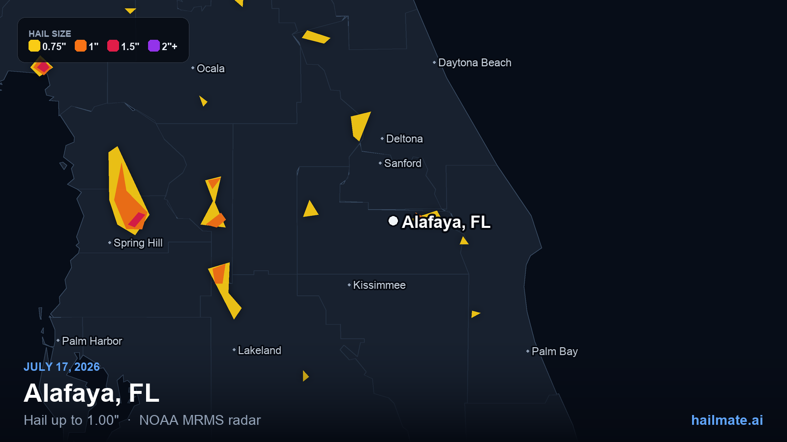 Hail swath map for Alafaya, FL on July 17, 2026 showing 1.00 inch hail.