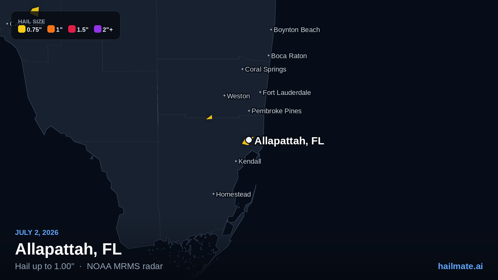 Hail swath map for Allapattah, FL on July 2, 2026 showing 1.00 inch hail.