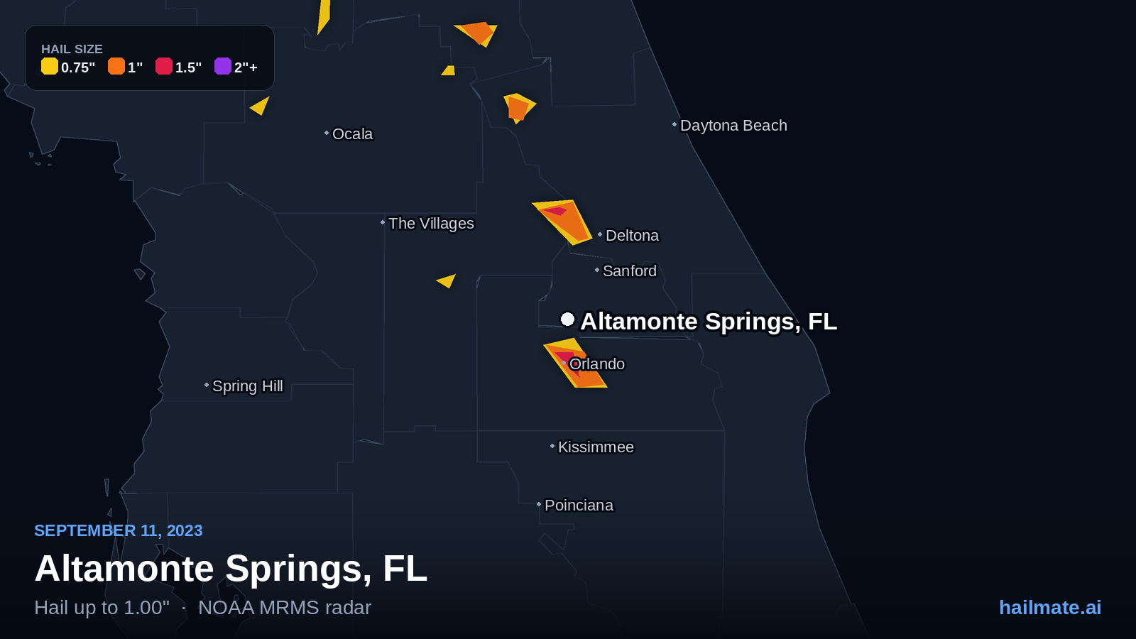 Hail swath map for Altamonte Springs, FL on September 11, 2023 showing 1.00 inch hail.