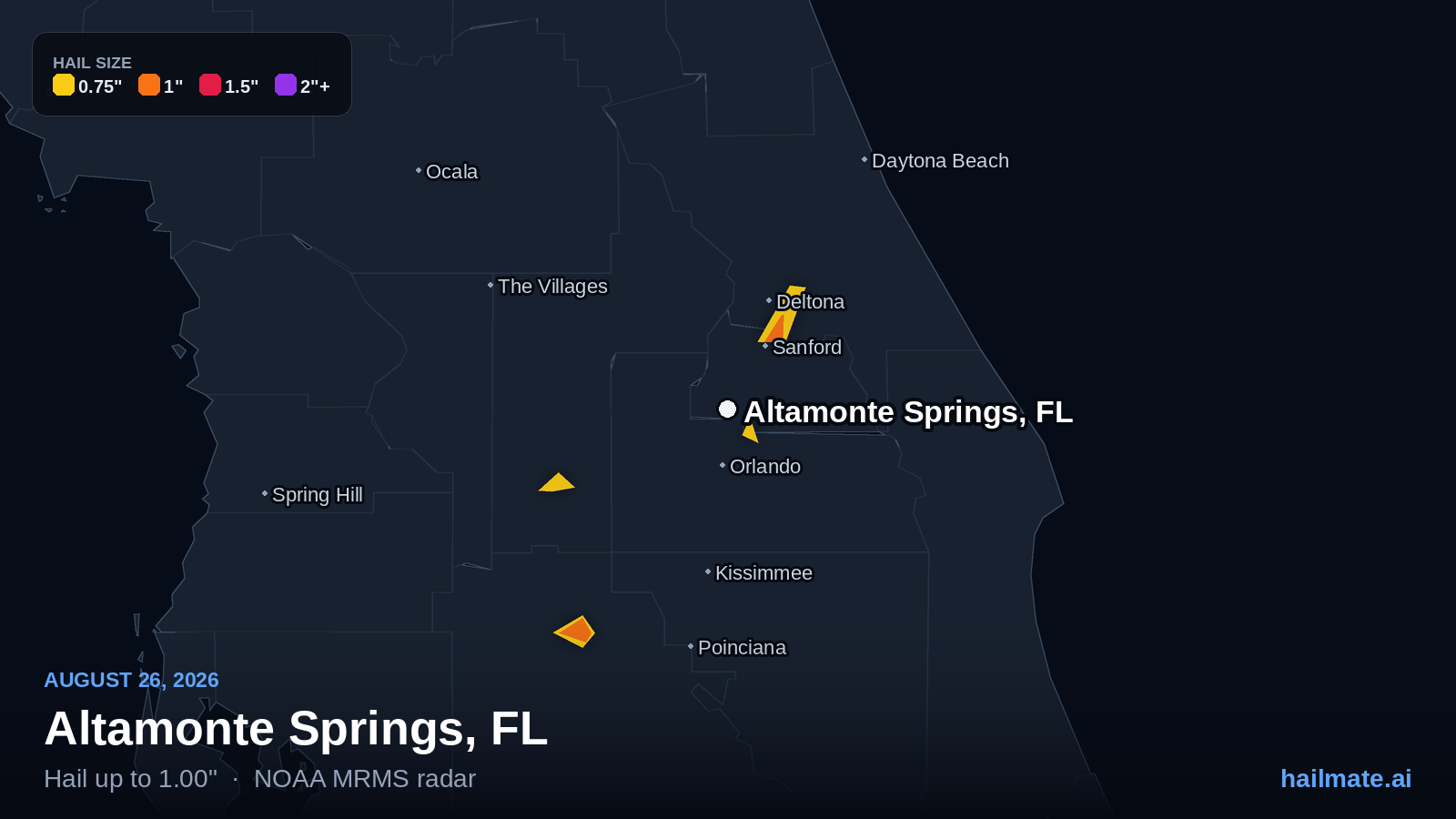 Hail swath map for Altamonte Springs, FL on August 26, 2026 showing 1.00 inch hail.