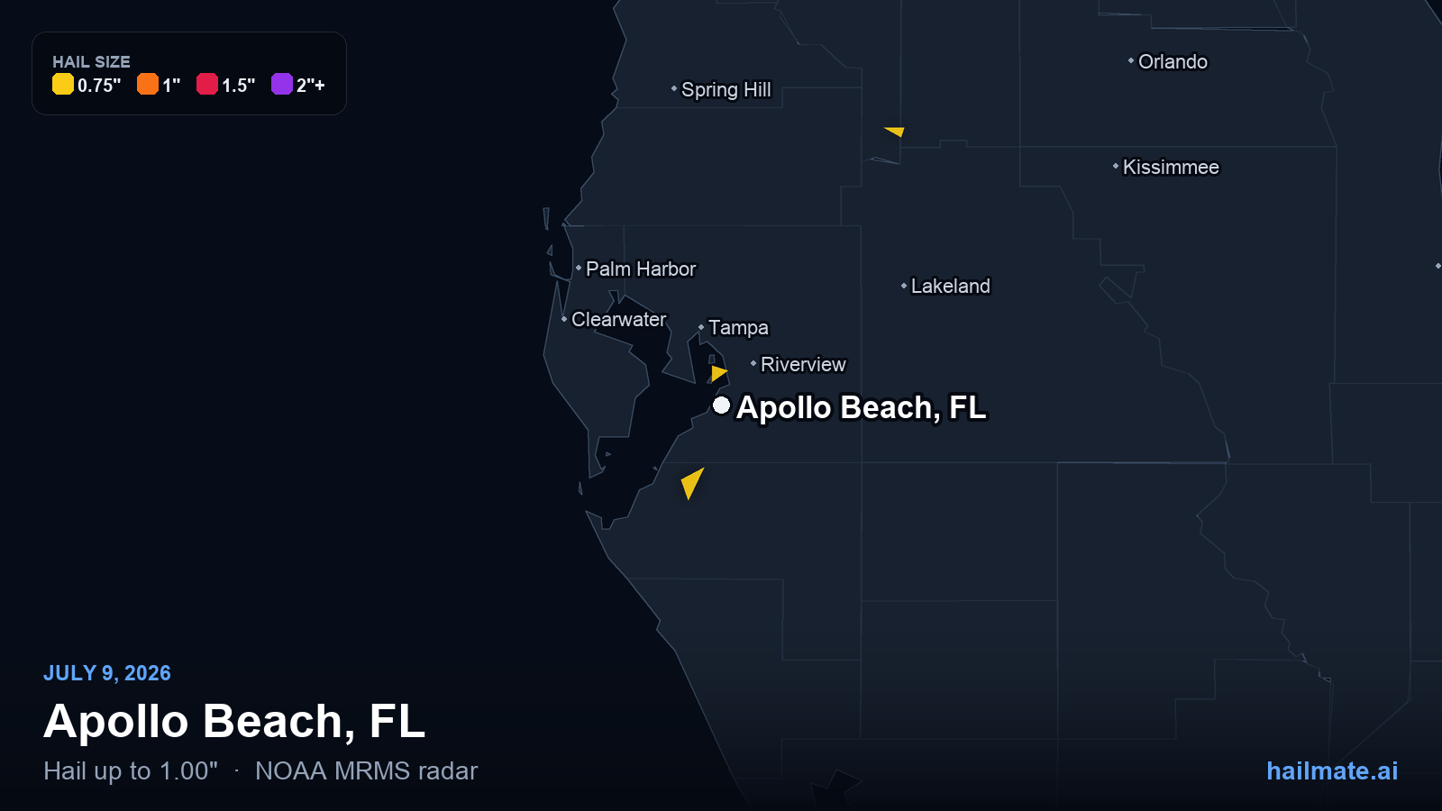 Hail swath map for Apollo Beach, FL on July 9, 2026 showing 1.00 inch hail.