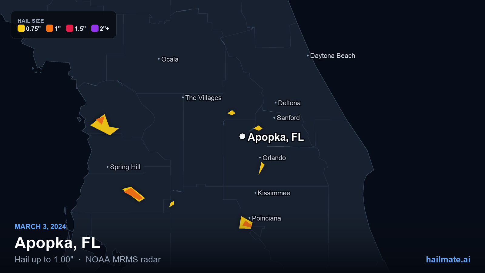 Hail swath map for Apopka, FL on March 3, 2024 showing 1.00 inch hail.