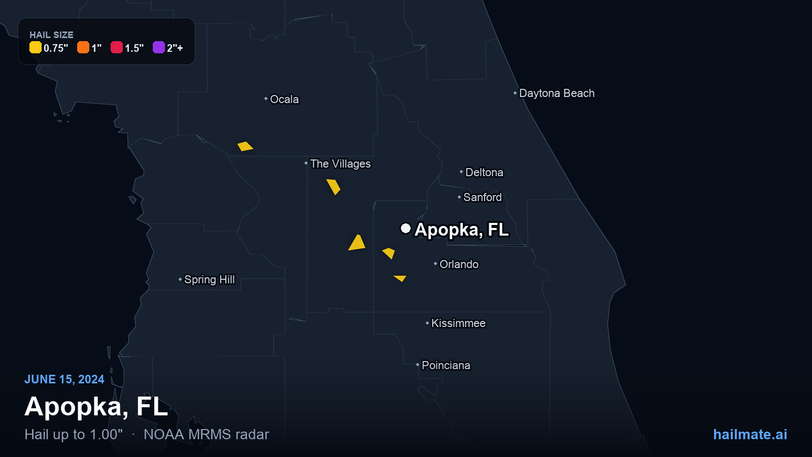 Hail swath map for Apopka, FL on June 15, 2024 showing 1.00 inch hail.