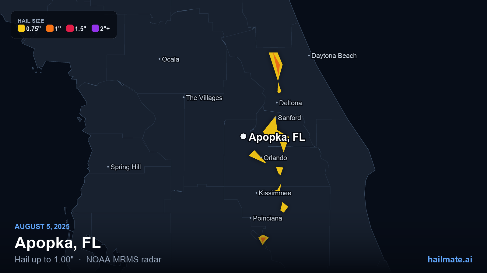 Hail swath map for Apopka, FL on August 5, 2025 showing 1.00 inch hail.