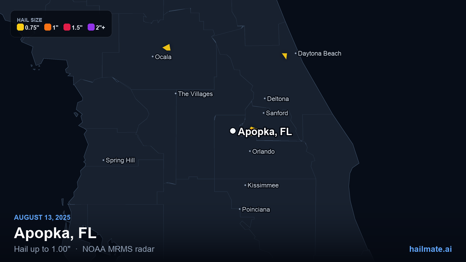 Hail swath map for Apopka, FL on August 13, 2025 showing 1.00 inch hail.