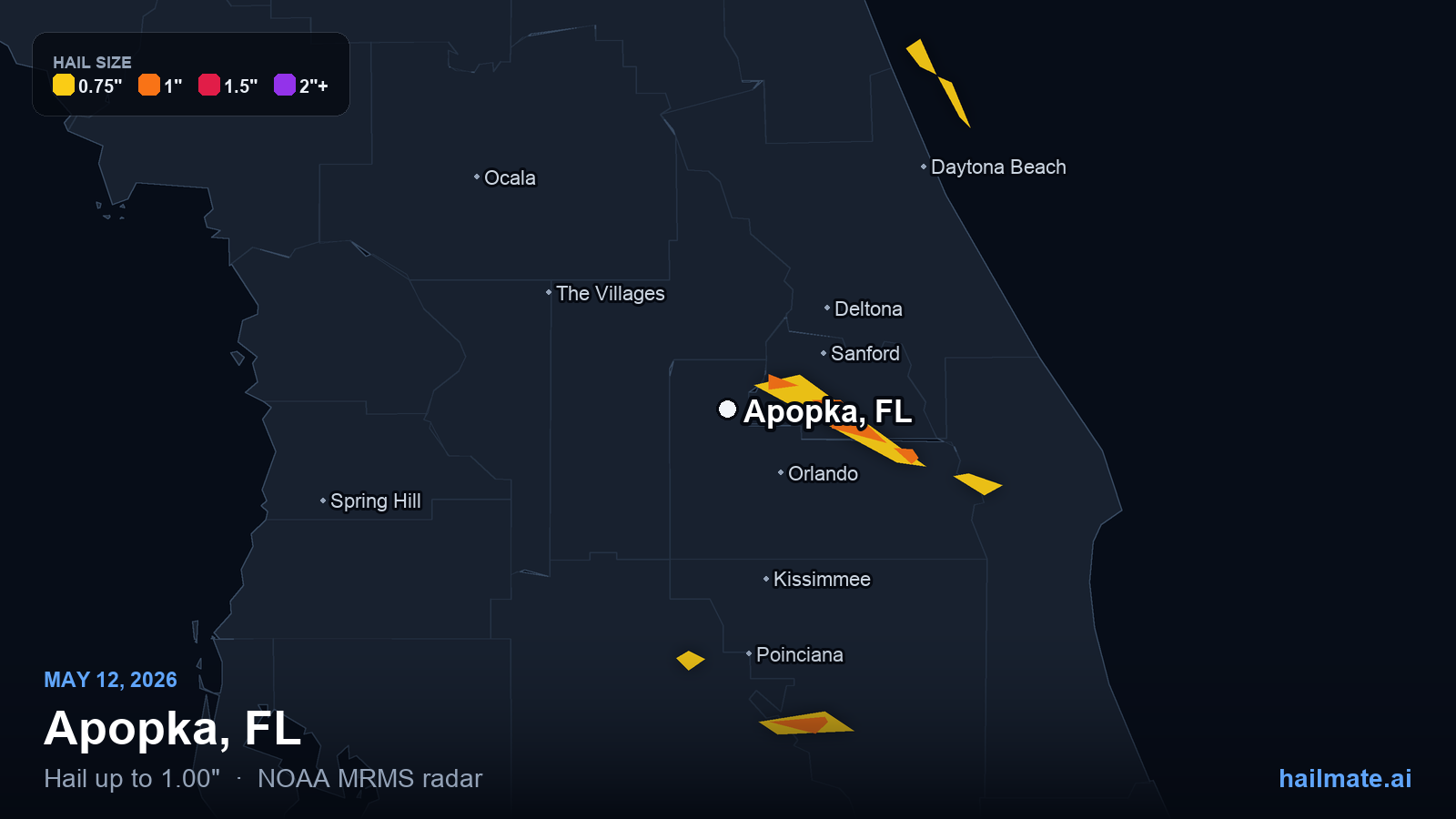 Hail swath map for Apopka, FL on May 12, 2026 showing 1.00 inch hail.
