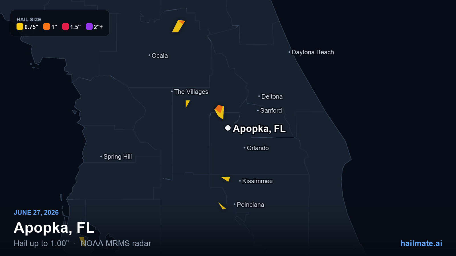 Hail swath map for Apopka, FL on June 27, 2026 showing 1.00 inch hail.