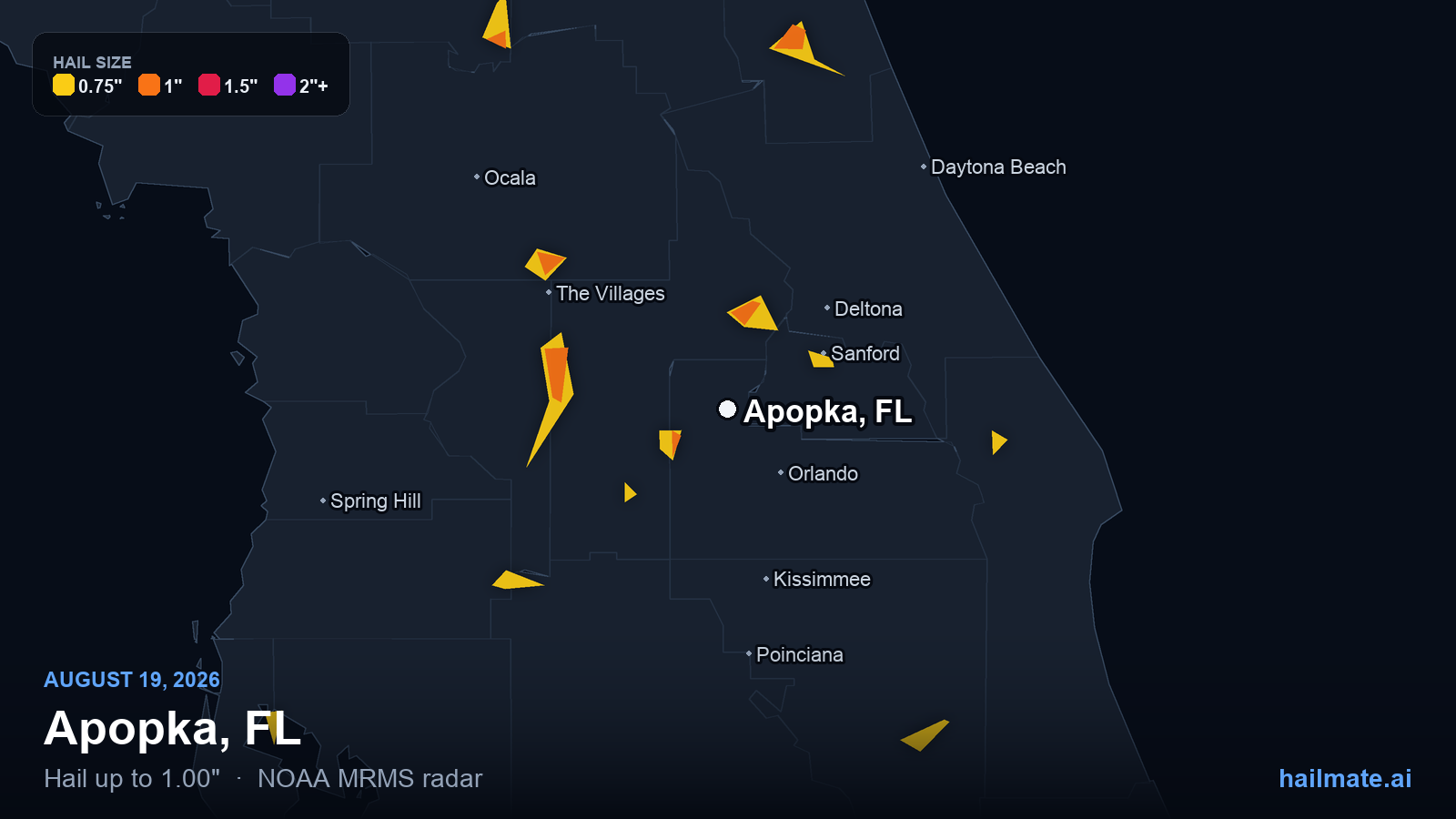 Hail swath map for Apopka, FL on August 19, 2026 showing 1.00 inch hail.