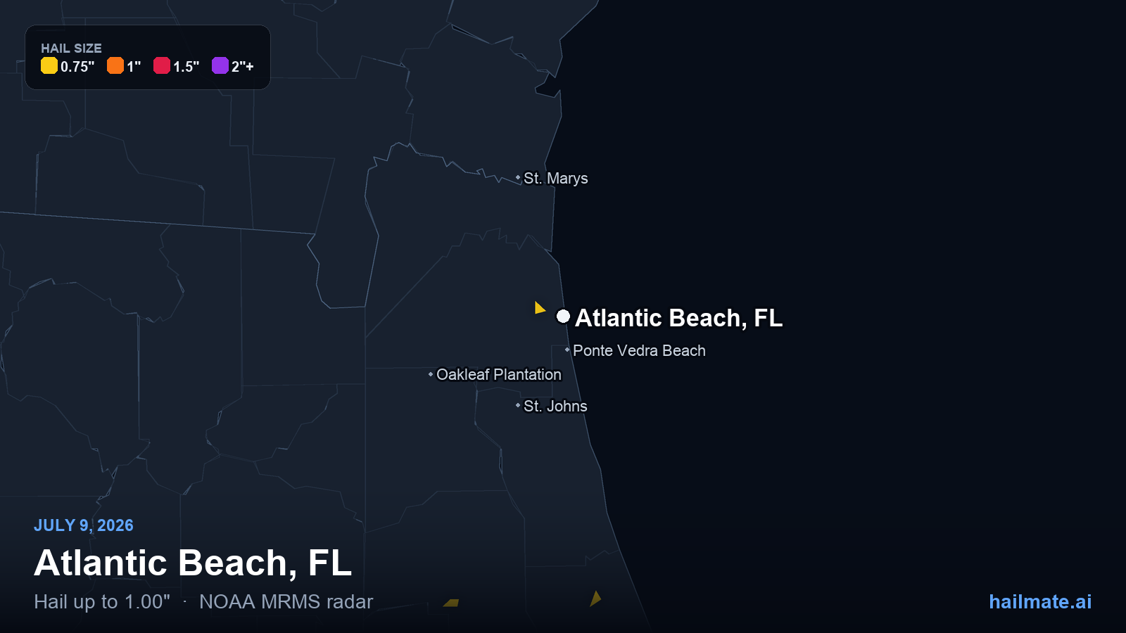 Hail swath map for Atlantic Beach, FL on July 9, 2026 showing 1.00 inch hail.